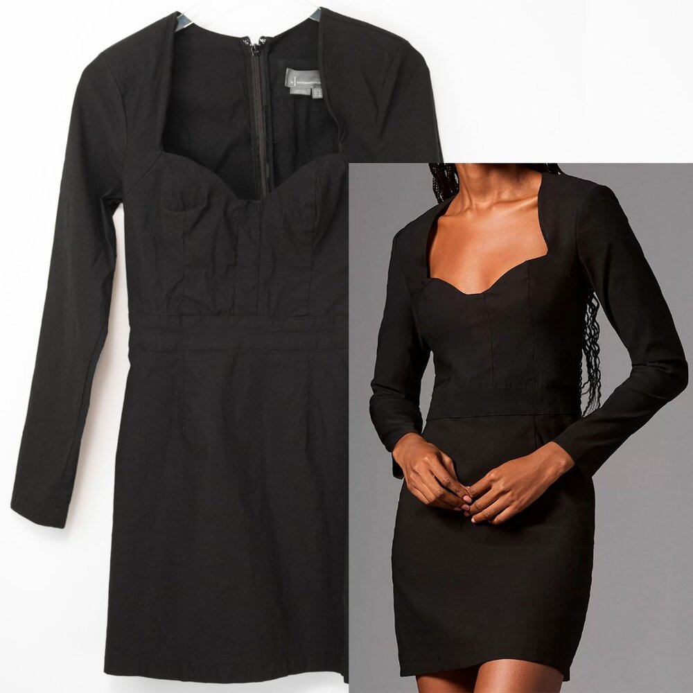 Anthropologie Sweetheart Dress Long Sleeve Mini Fitted Sheath Black Size 8